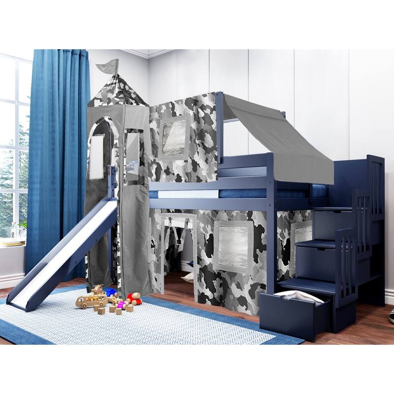JACKPOT Prince & Princess Low Loft Twin Bed, Stairs Slide Tent & Tower - Blue with Grey Camo Tent