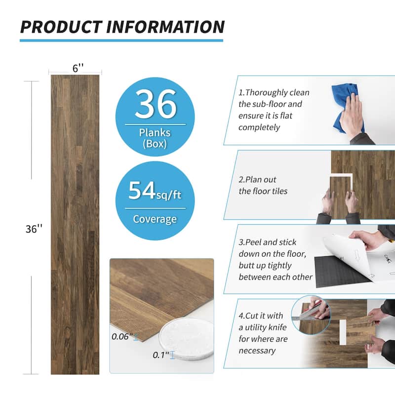 Art3d Peel and Stick Vinyl Floor Tiles,Wood Look Floor Plank,36-Pack,54 Sq.Ft