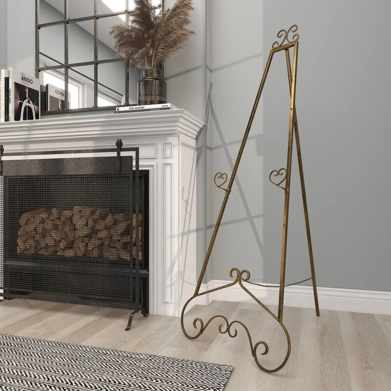Gold Metal Extra Large Adjustable 3 Tier Scroll Display Easel with Chain Support - 23 x 33 x 68
