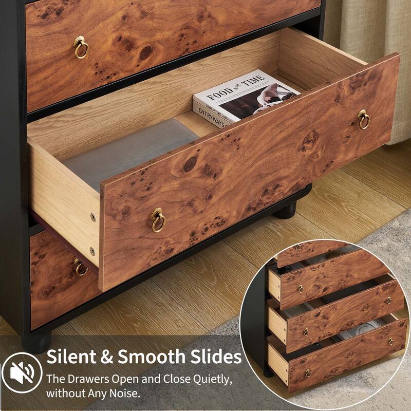 5 Drawers Dresser, Modern Chest of Drawers with Vintage Circle Handle and Curved Profile Design