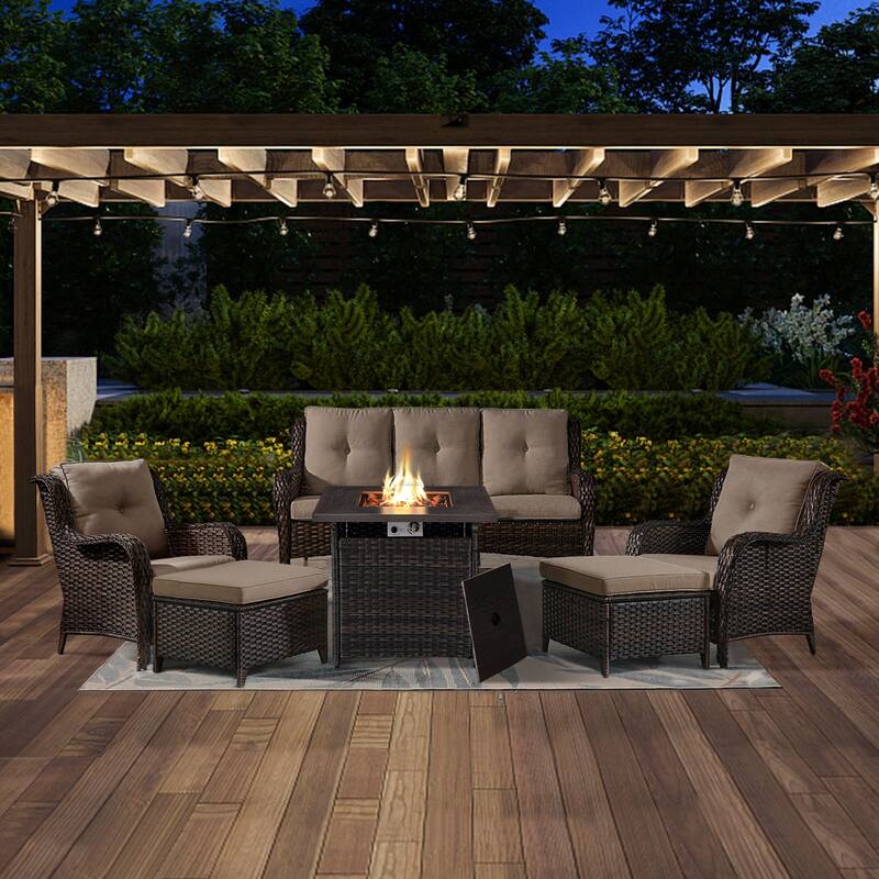 Gymojoy 6-Piece Outdoor Wicker Patio Furniture with Fire Pit Table, Rattan Coversation Set with Water Resistant Thick Cushions