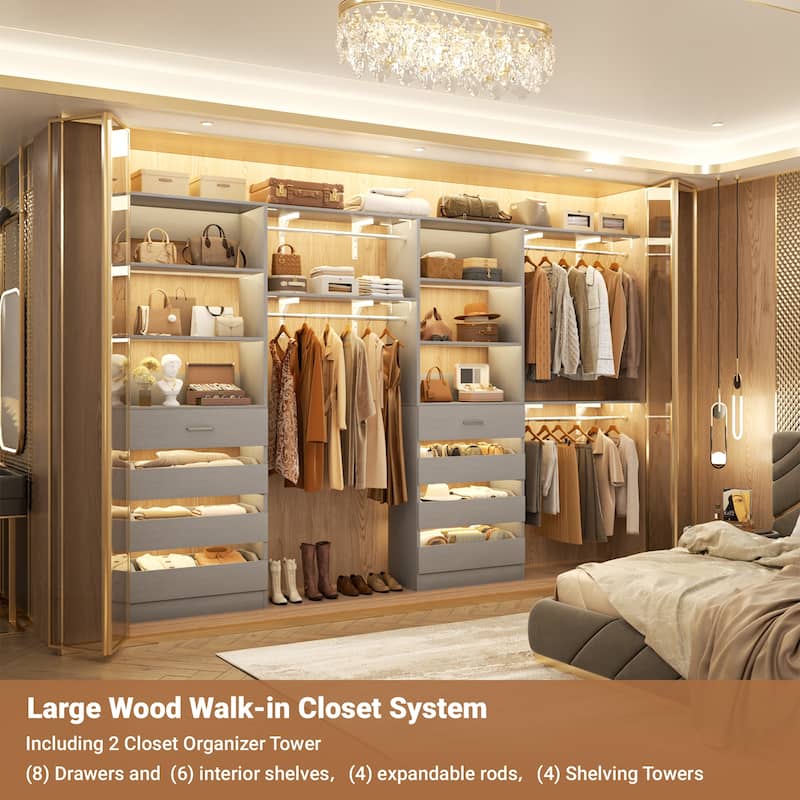 Set of 2 Closet System with Wooden Drawers and Hanging Rods, Closet Organizer with Adjustable Storage Shelves