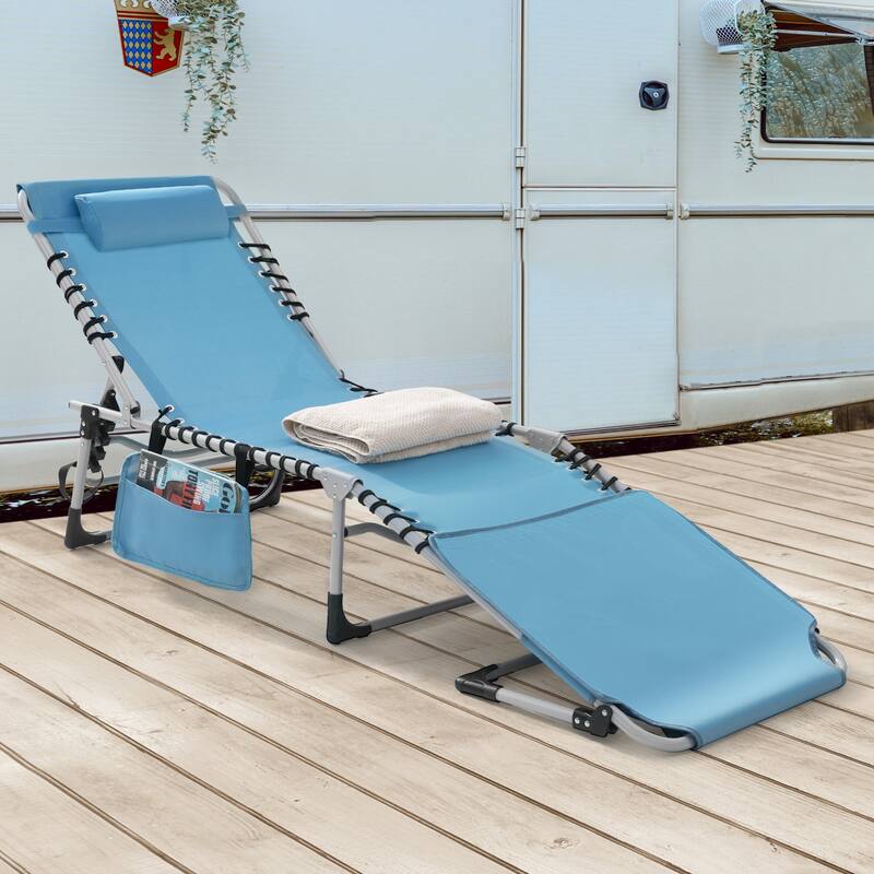 Outdoor Adjustable Lounge Chair Folding Tanning Chair with Pillow - Blue