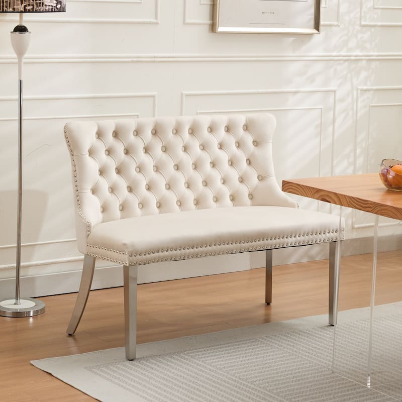 Roomfitters Upholstered Loveseat Bench with Nailhead Trim and Silver Legs, Modern High Back Settee for Dining Room - Beige