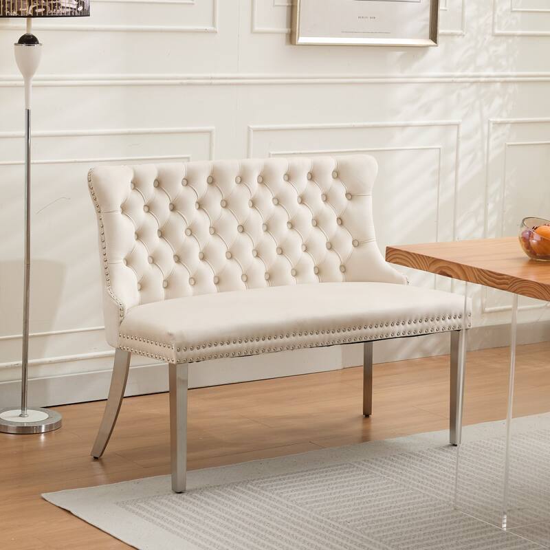 Velvet Double Dining Loveseat Bench, 2-Seat Tufted Bench w/Handmade Buttons, Wing Back, Stainless Steel Legs,Single Pack - Beige