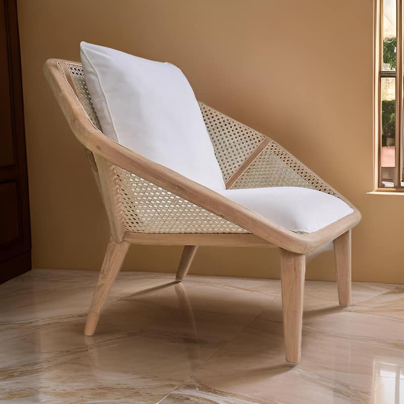 41 Inch Accent Leisure Chair with Cushion, Woven Rattan, Teak Wood, Brown