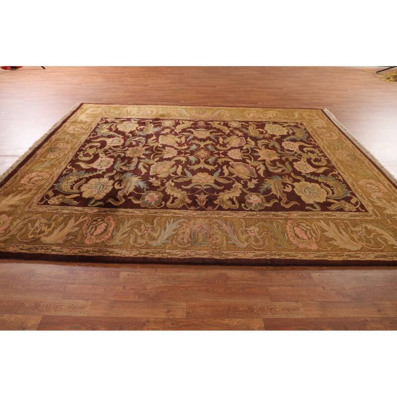 Burgundy Floral Agra Indian Area Rug Handmade Wool Carpet - 7'11"x 9'11"