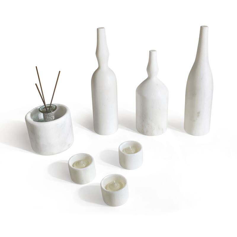 Roomfitters Natural Marble Living Room Accessories Set, Luxury 7-Piece Stone Decor Collection