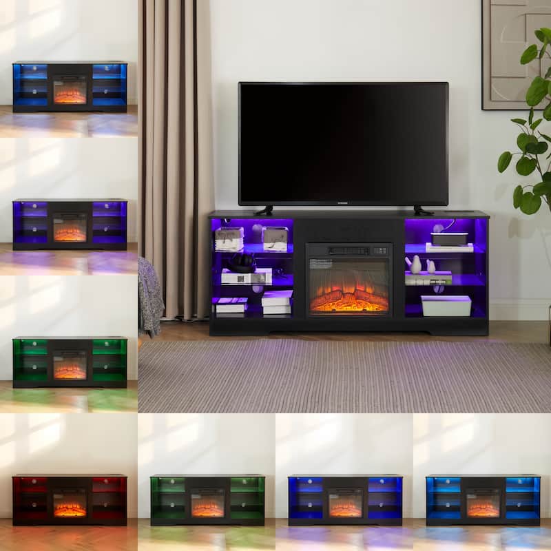 Black 58" Fireplace TV Stand with LED, Glass Shelves & USB for TVs Up to 62"