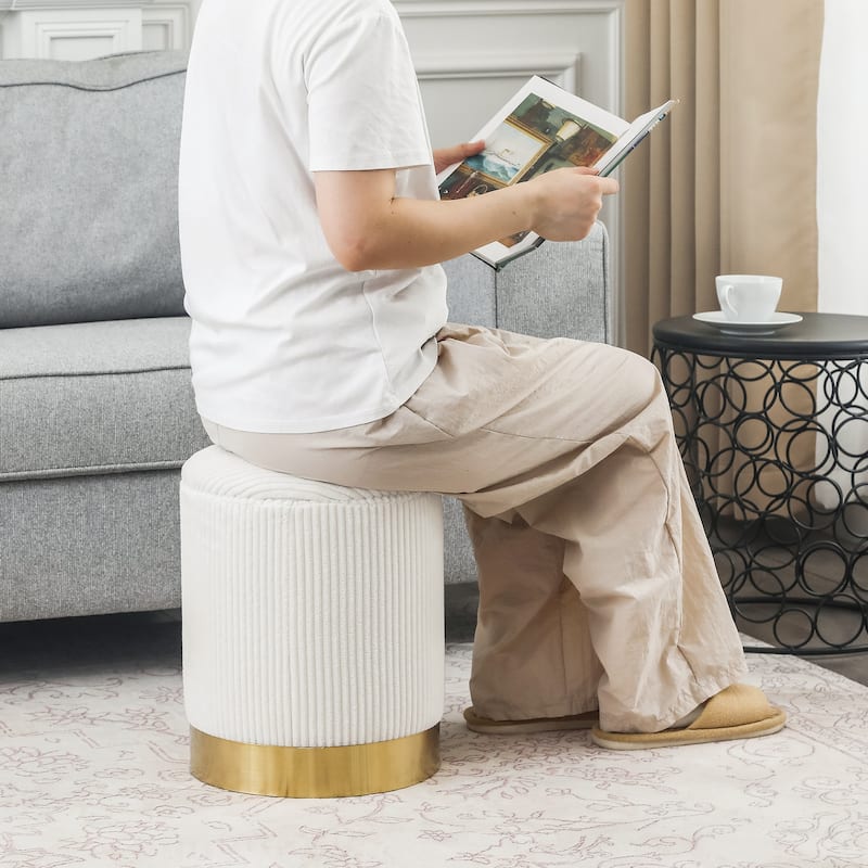 Adeco Round Storage Ottoman Footrest Stool Velvet Gold Plating Base