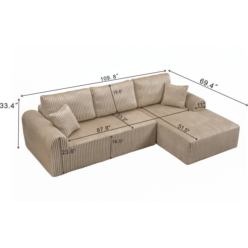 109" Cloud Modular Sectional Sofa Couch with L-Shaped Chaise, Minimalist Upholstered Corner Sofa, Deep Seat Couch