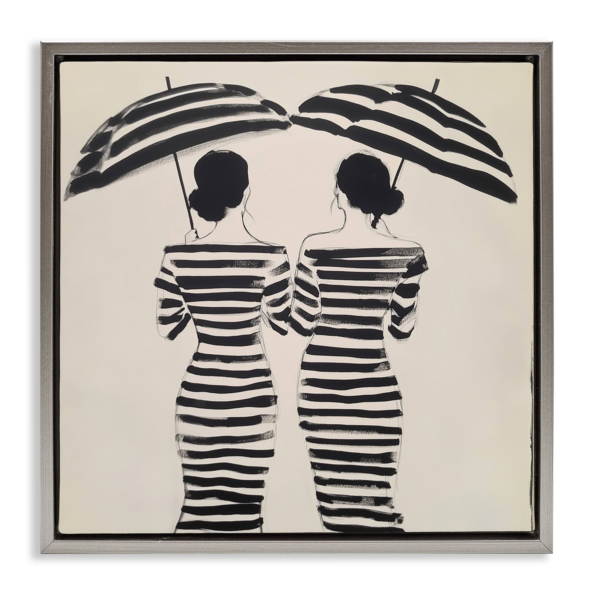 Stupell Two Women in Rain Stripes Framed Floater Canvas Wall Art Design By Annabelle Hall