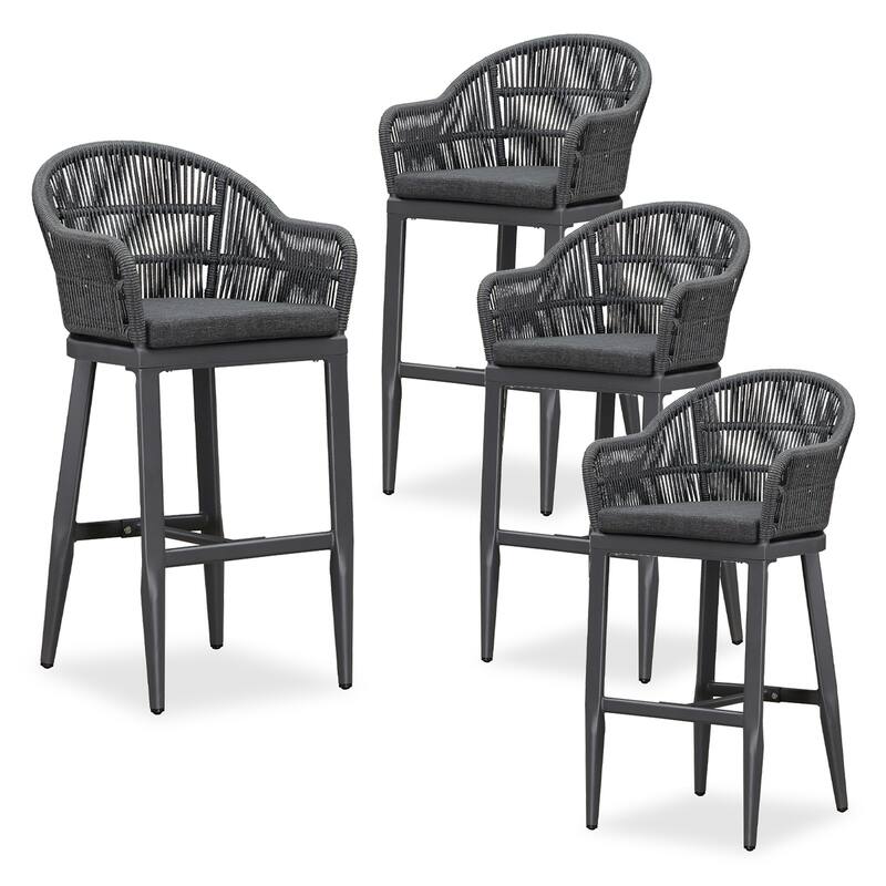PURPLE LEAF Outdoor Counter Bar Stools Set of 4 Patio Aluminum Barstools with Back and Cushions Metal Modern Wicker Chairs - Grey-Bar Height