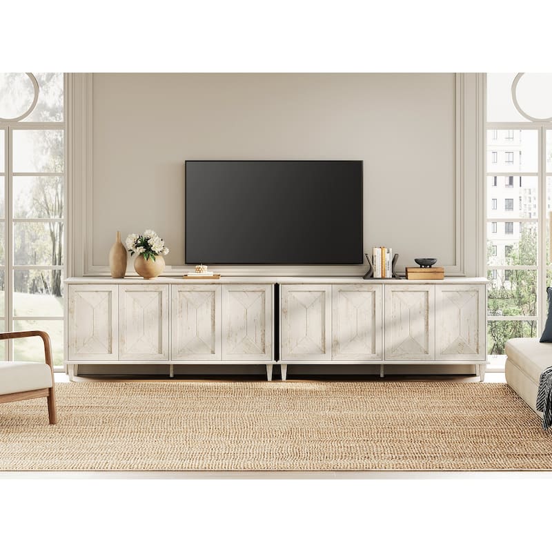Modern Farmhouse TV Stand with Handcrafted Patchwork Doors for 55-130" TVs - Pale Oak - 130 inches in width
