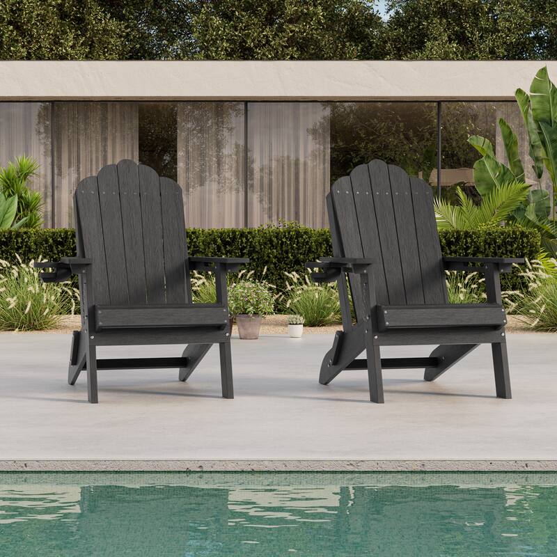 HDPE All-Weather Folding Adirondack Chair with Cup Holder - 2-Piece - Black