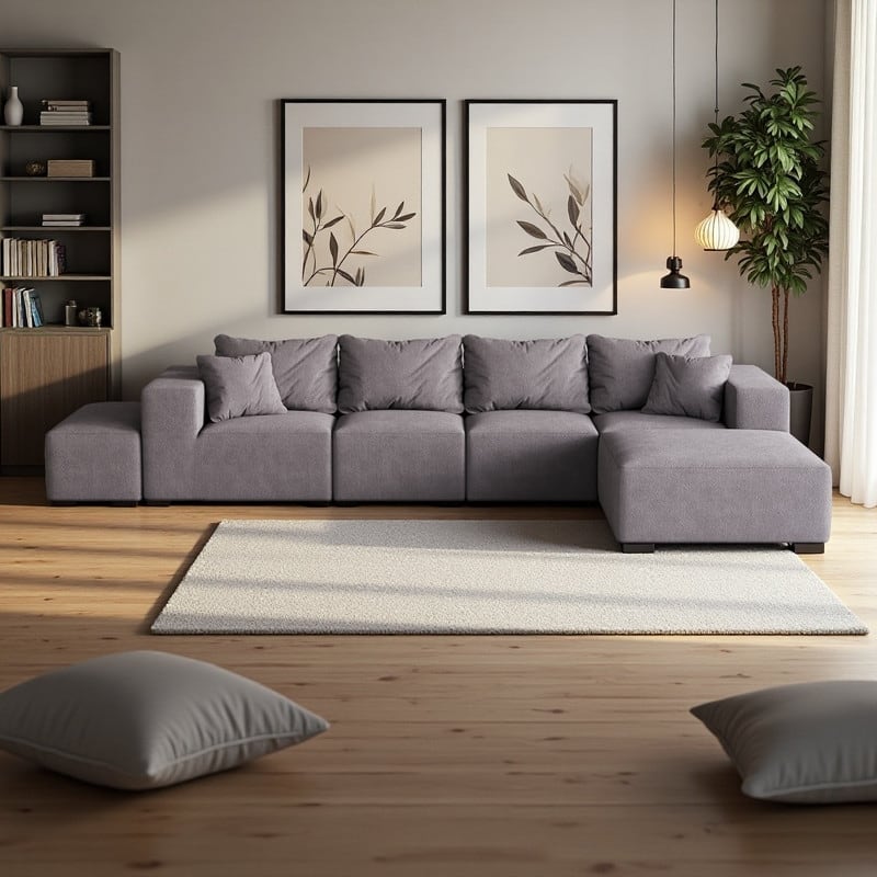 132" Chenille Modular L-Shaped Sectional Sofa with 6 Pillows - Grey