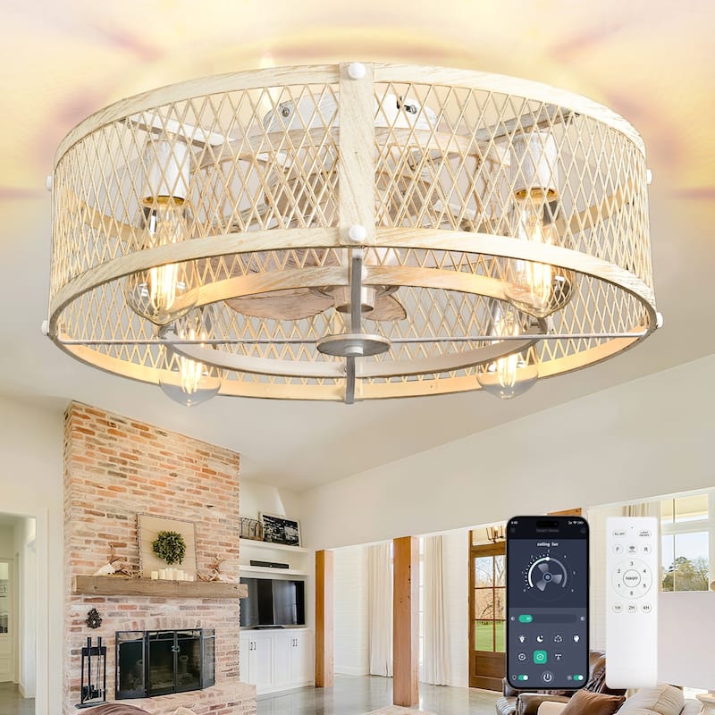 20-26Inch Caged Ceiling Fan with Light and Remote: APP Control Quiet DC Motor (E26 Bulbs Included) - 20in - Cement