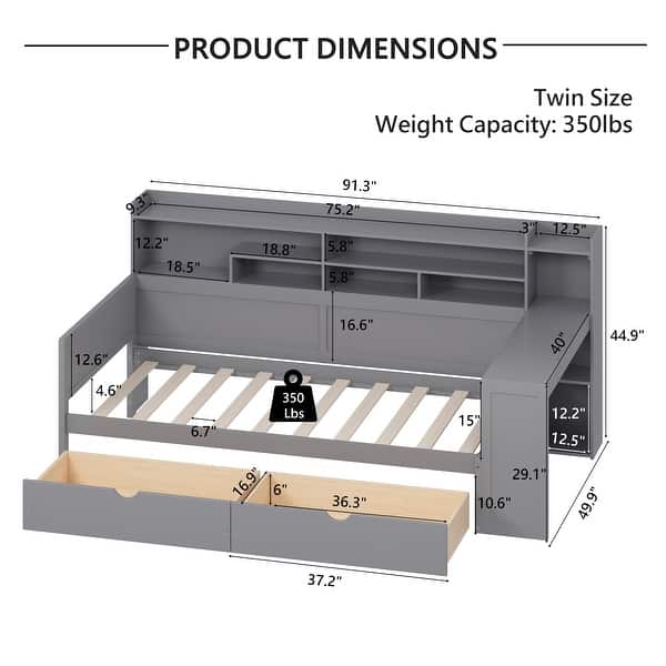 dimension image slide 2 of 3, Twin Wooden Daybed with Storage Shelves, Multi-functional Bed with Two Storage Drawers and Study Desk