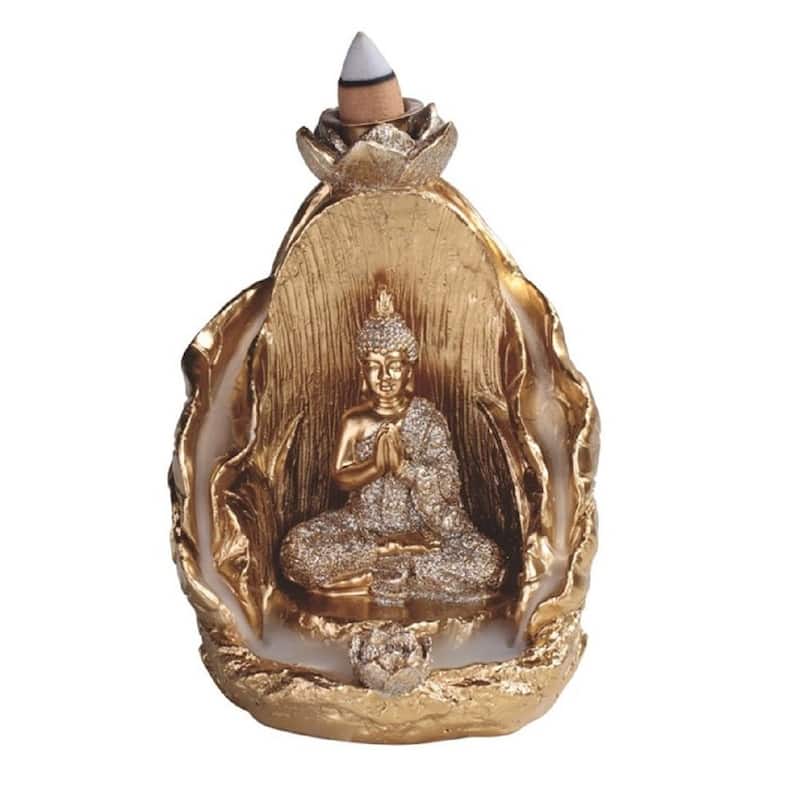 Q-Max 5"H Golden Buddha Backflow Incense Burner Incense Sticks Holder