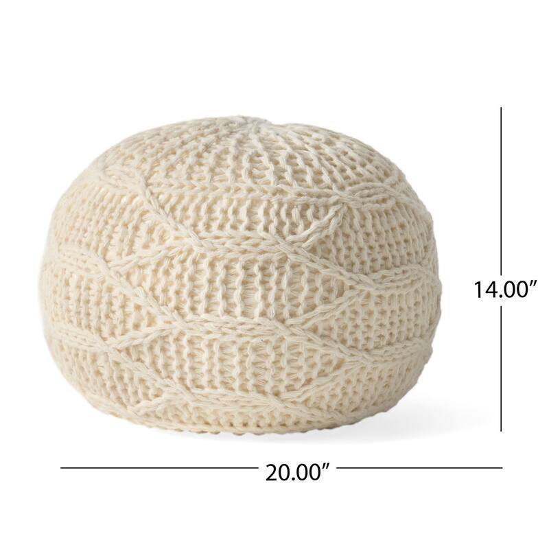 Oaks Aura Knitted Wool Cotton 20 x 20 Round Pouf, Modern Farmhouse Handcrafted Design Ottoman