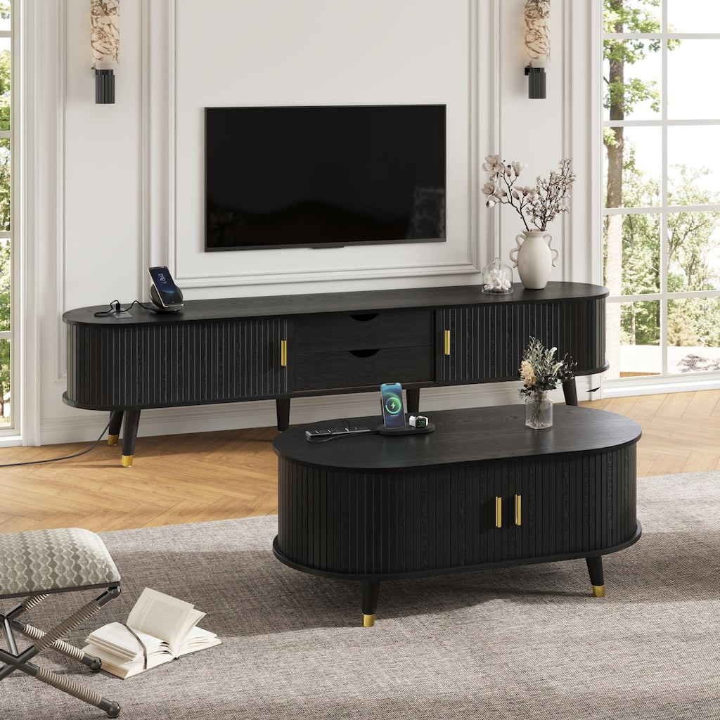 Oval Fluted TV Stand & Coffee Table Set with Charging Station, Media Console with Sliding Doors for TVs up to 80"