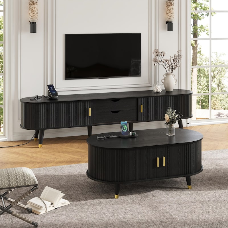 Wooden TV Stand and Coffee Table Set with Charging Station
