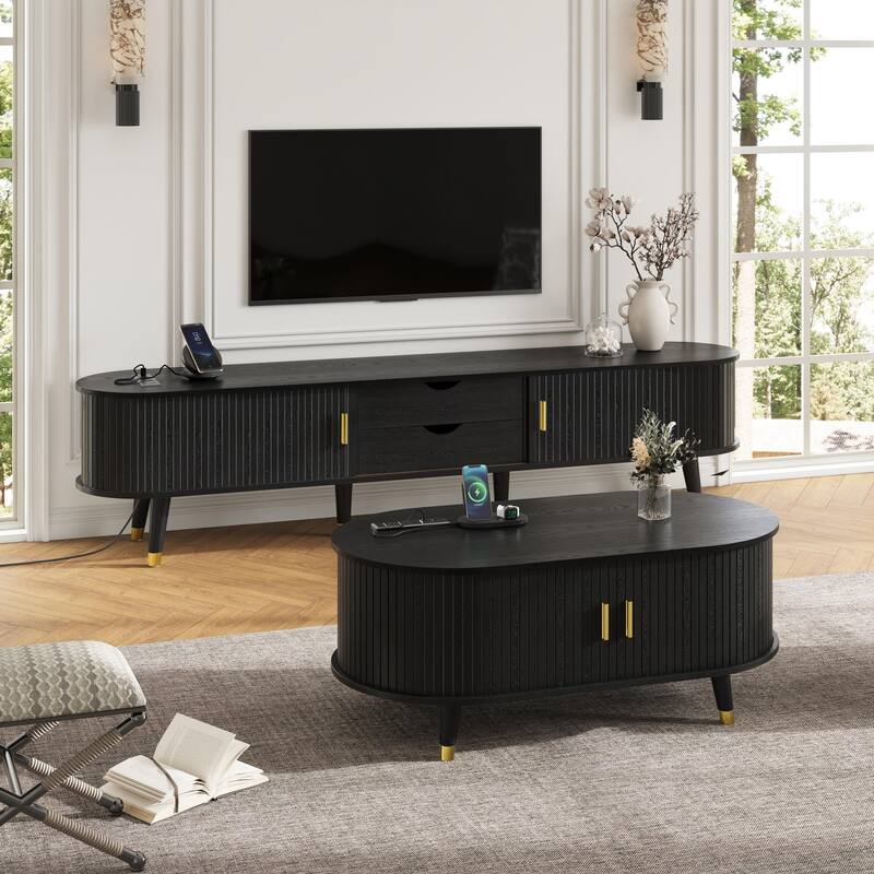 Wooden Tv Stand & Coffee Table Set With Charging Station,Sliding Doors For Tvs Up To 80",Table With Solid Wood Legs