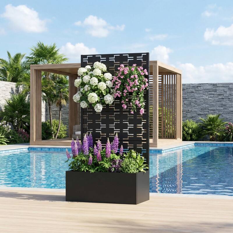 Metal Galvanized Planter Box with Trellis Privacy Screen Lockable Wheels