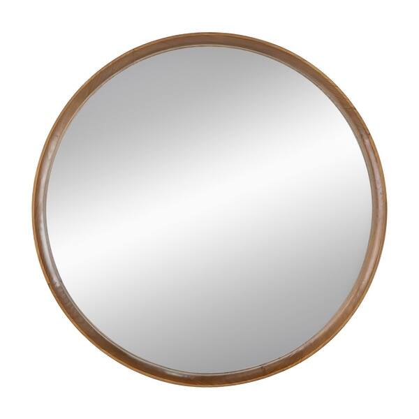 Roe 32 Inch Wall Mounted Round Mirror, Modern Brown Pine Wood Frame ...
