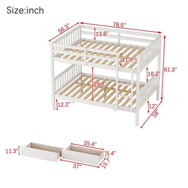 dimension image slide 1 of 3, Full Over Full Bunk Bed with Drawers, Solid Rubber Wood Frame with Ladder & Guardrails, Detachable into Two Beds