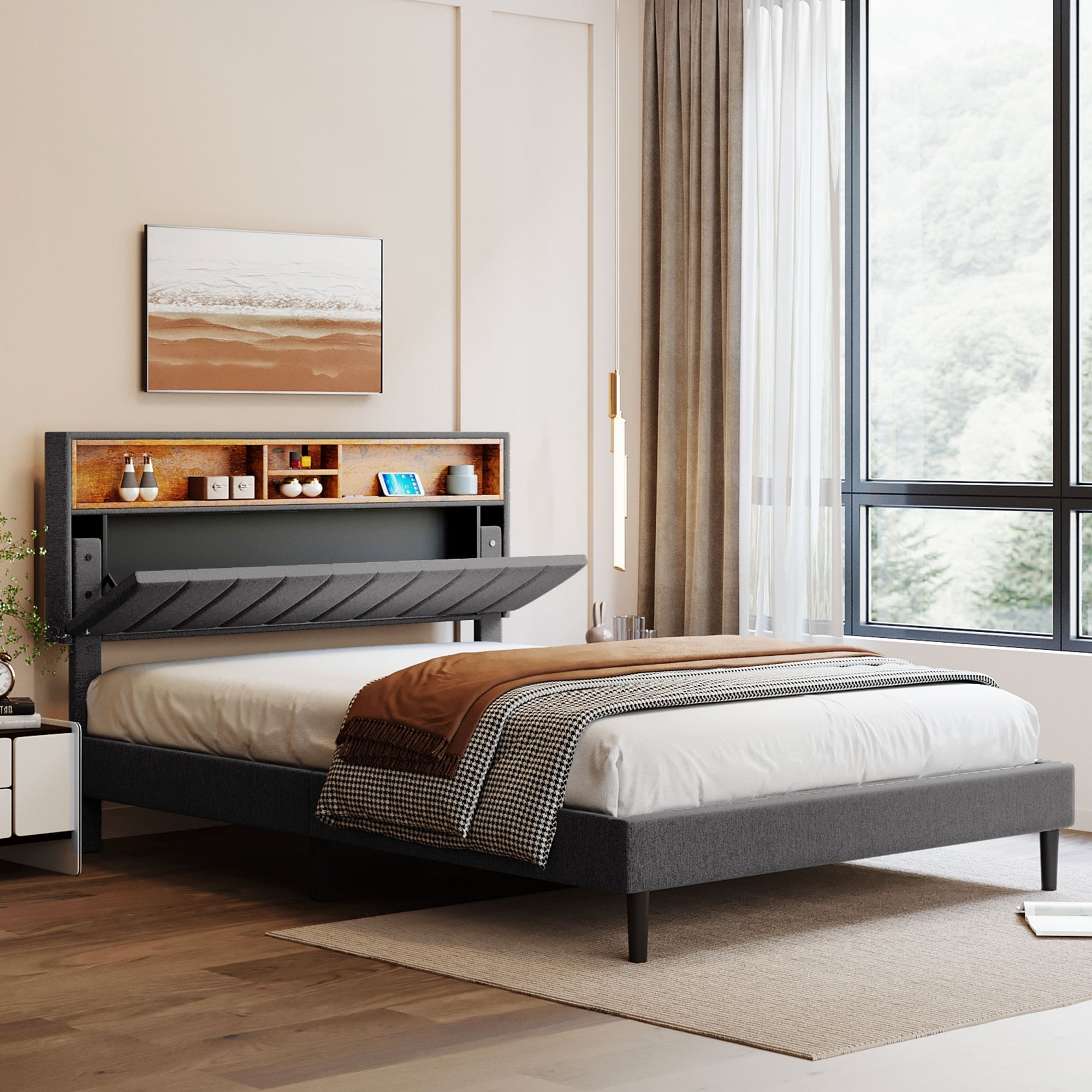 Fabric headboard with hot sale storage