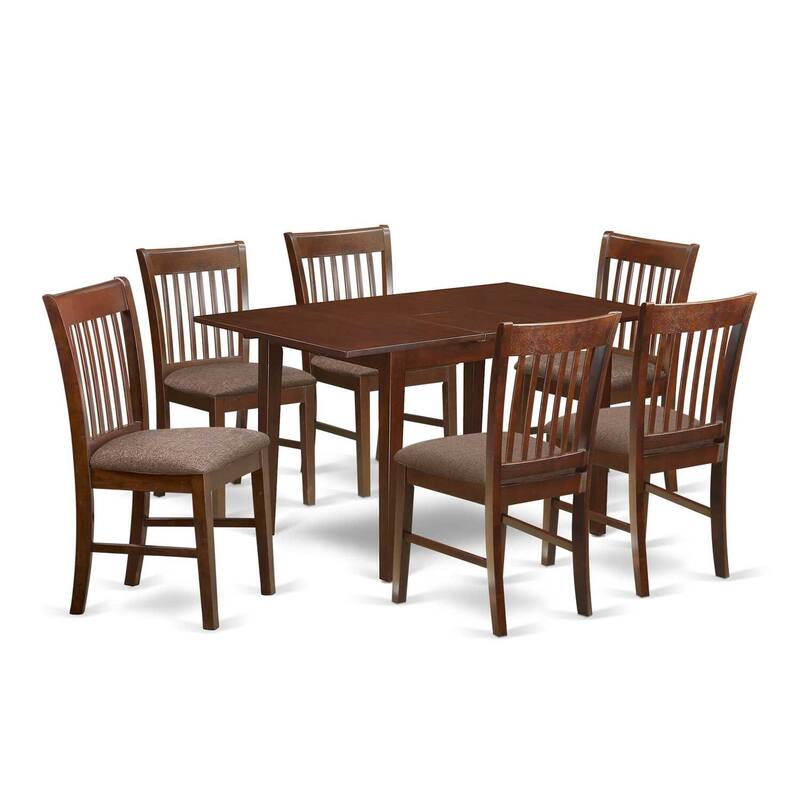 Antique Dining Room Set - 7 Piece Table & Chair Set - Rectangle Wood Table with Leaf & Linen Chairs