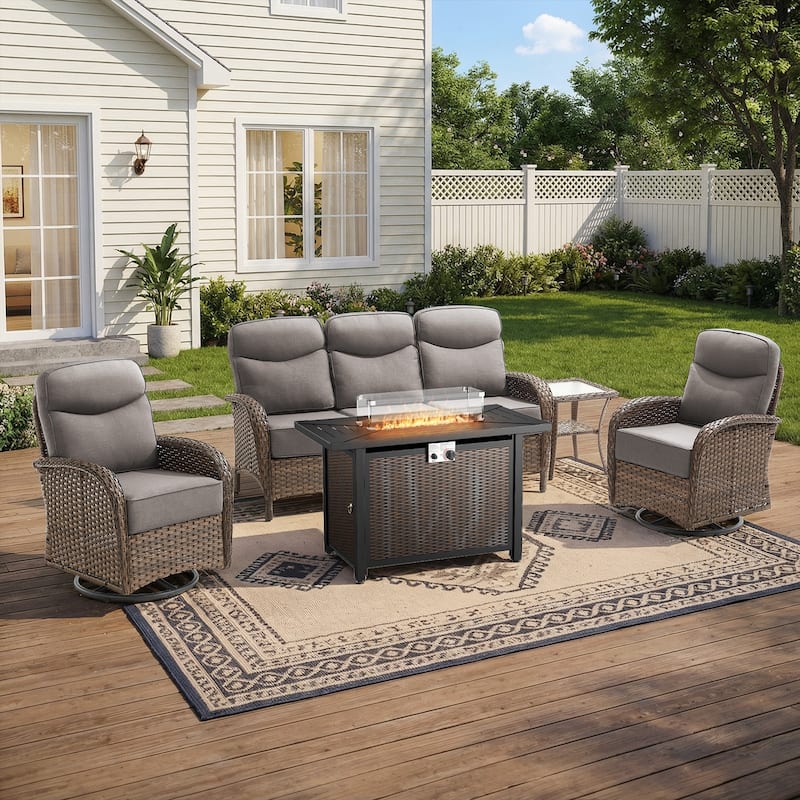 Pocassy Outdoor Sofa Swivel Chair and Ottman with 43in Fire Pit Table - Brown Wicker Gray Cushion - 5-Piece Sofa Swivel Chiar with Fire Table