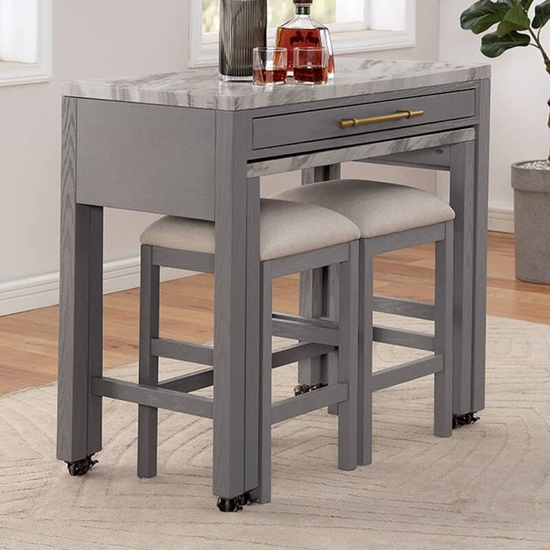 Rustic 3pc Dining Set Counter Height Dining Table w Storage drawer Faux Marble Top 2x Stools Light Gray Dining Room Furn - Grey