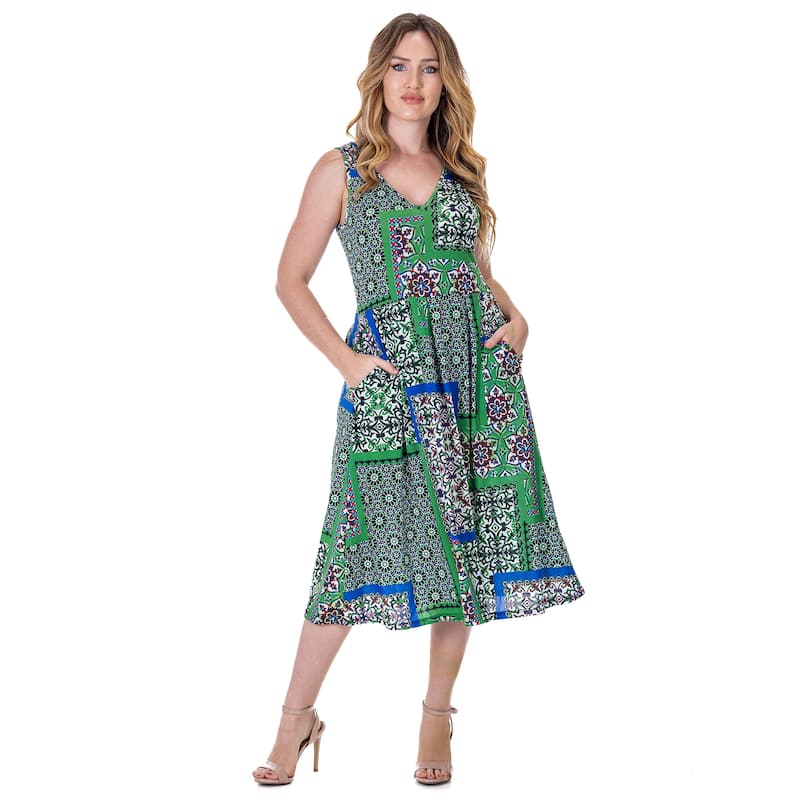24seven Comfort Apparel Womens Midi Length Green Scarf Print Sleeveless Pleated Pocket Dress - Green/White - M