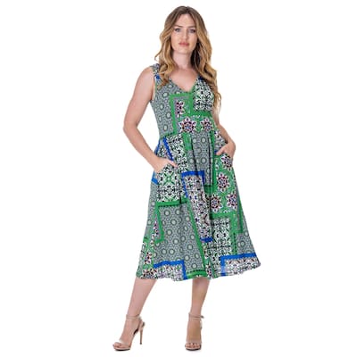 24seven Comfort Apparel Womens Midi Length Green Scarf Print Sleeveless Pleated Pocket Dress