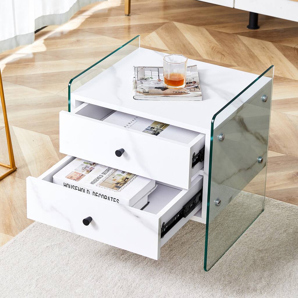 Double-drawer Bedside Table, The Board Surface Is MDF Sticker, And Both Sides Are Tempered Glass, With Storage Functions