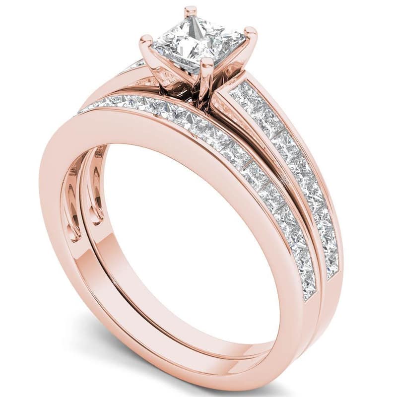 IGI Certified 1ct TDW Princess Cut Diamond Bridal Set in 14K Rose Gold for Women