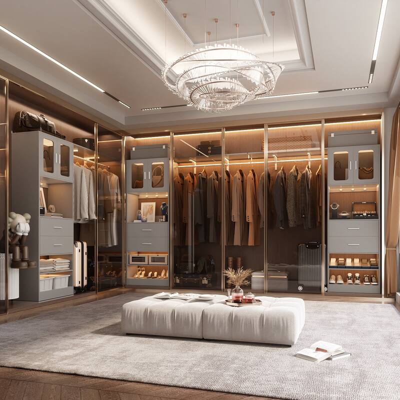 Rackcog Closet System with Doors and Drawers, Storage Organizer with DIY Shelving for Walk-in Closet