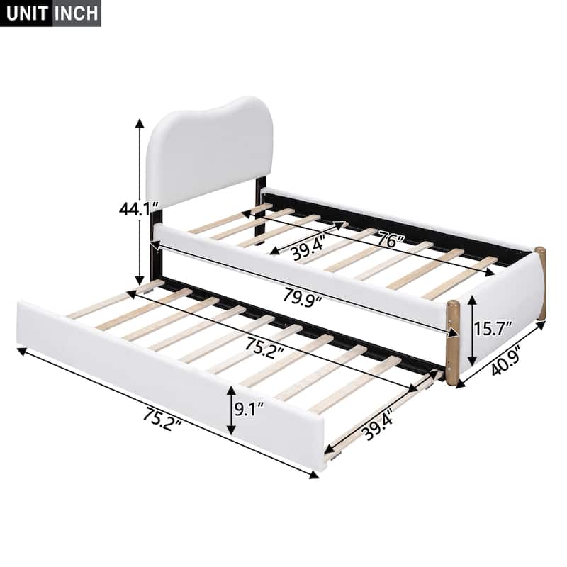 Upholstered Platform Bed with Wood Supporting Feet and Twin Size Trundle
