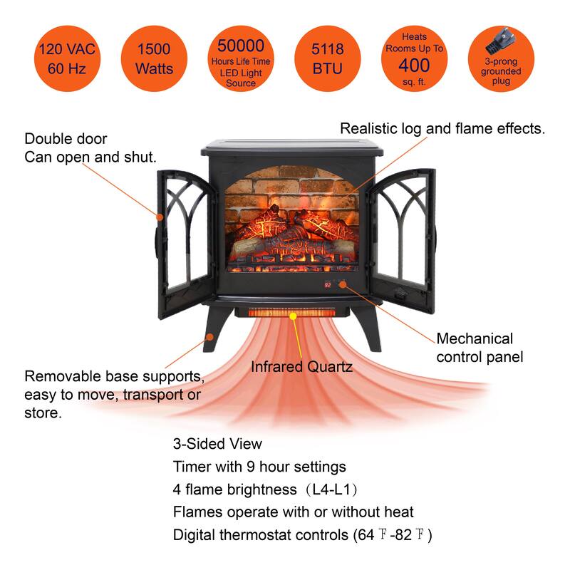 24" Electric Infrared Quartz Fireplace Stove, CSA Certified with Remote Control, 1500W & 5000 BTU Heat