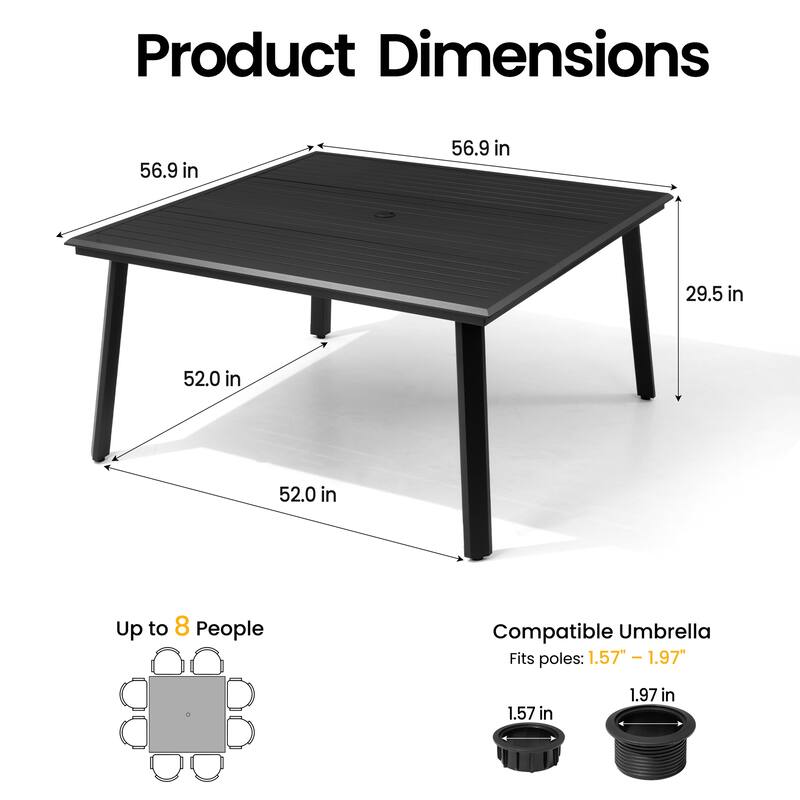 9-Piece Outdoor Patio Dining Set All-Weather Aluminum Square Table with Umbrella Hole and Cushioned Rattan Chairs