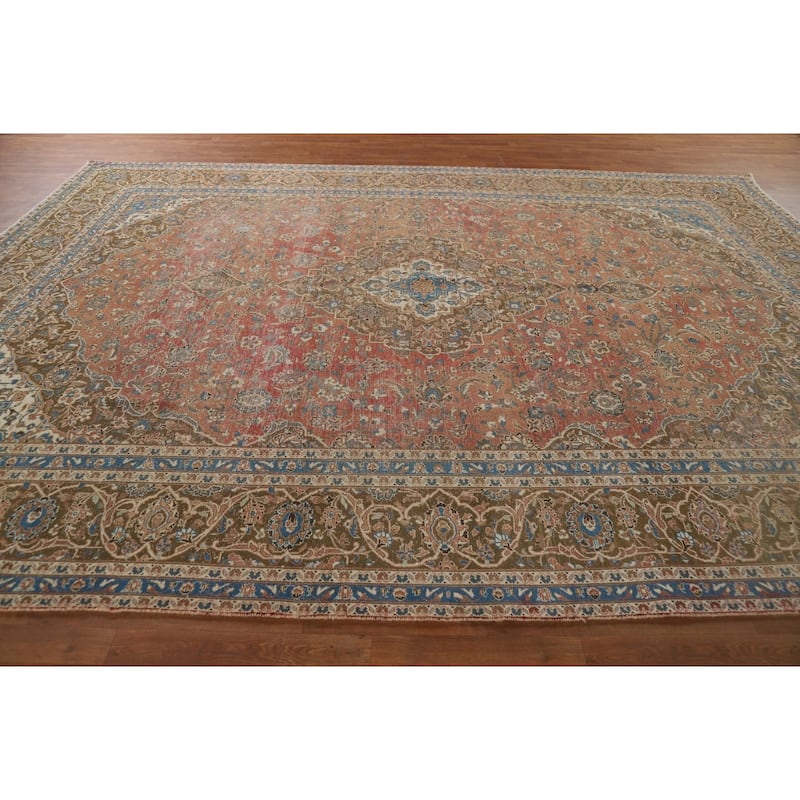 Distressed Mashad Vintage Persian Area Rug Hand-Made Wool Carpet - 9'7" x 13'2"