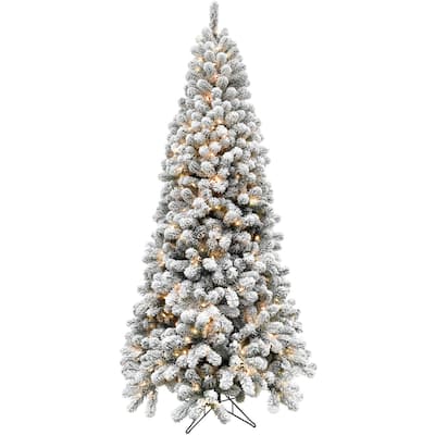 Fraser Hill Farm 10-Ft. Flocked Alaskan Pine Christmas Tree with Clear LED String Lighting
