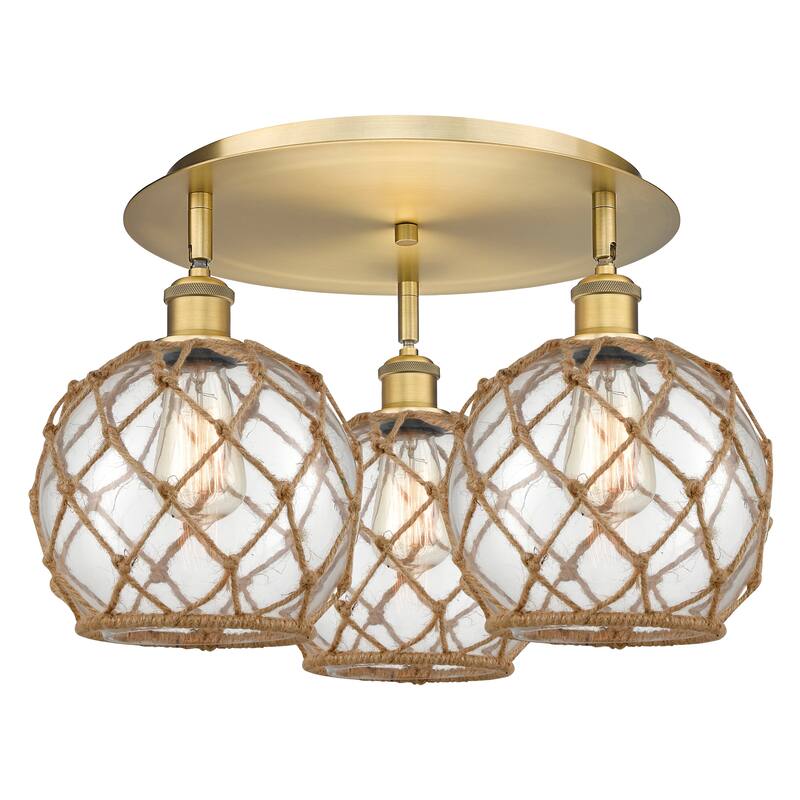 Innovations Lighting Endless Possibilities Ballston - Farmhouse Rope - 3 Light 20" Flush Mount - Brushed Brass/Clear Glass with Brown Rope