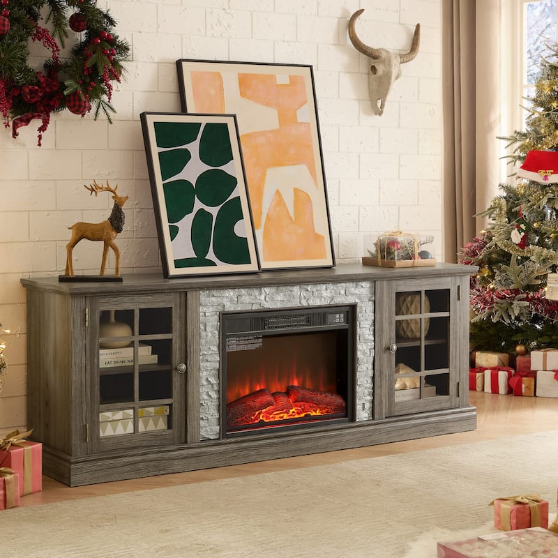 GDFStudio Thatch Wood 70" TV Stand with Faux Stacked Stone Fireplace and 2 Door Storage