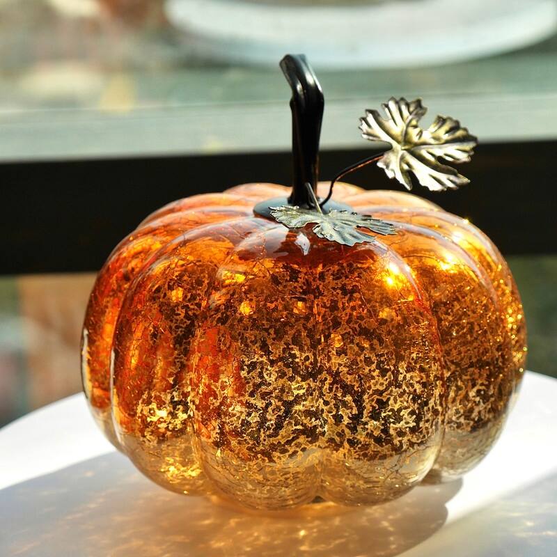 Mercury Glass Pumpkin Lights with Timer – Fall Halloween Table Decorations for Home & Thanksgiving Decor - PK2402K