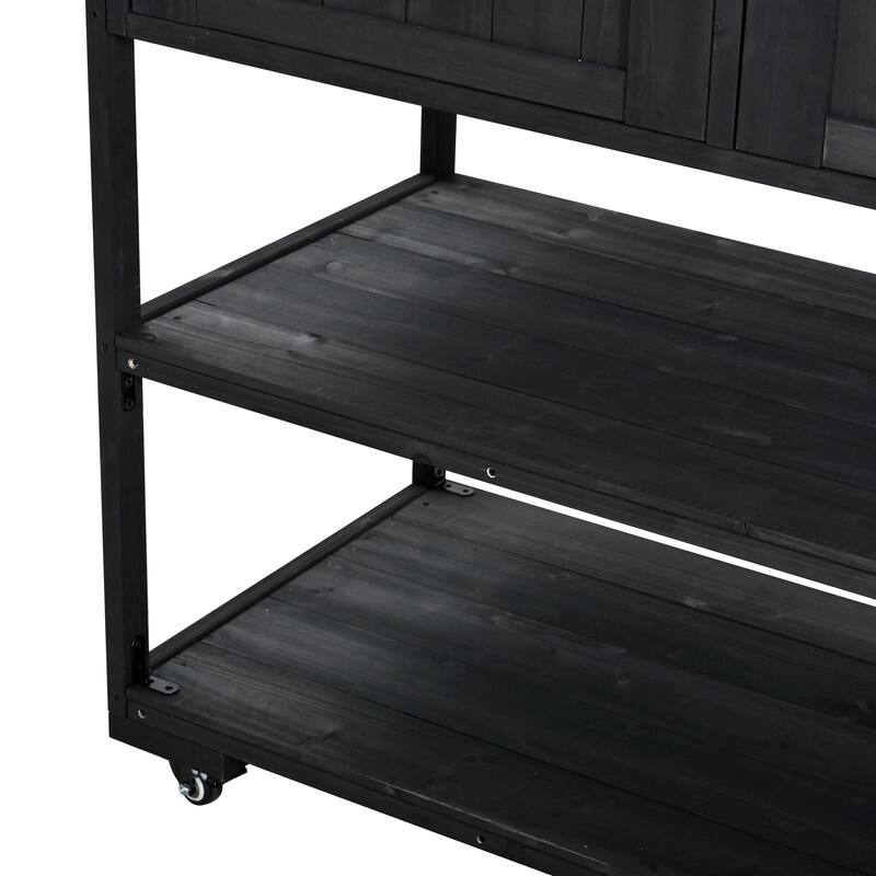 Solid Wood 62.3'' Patio Kitchen Island Kitchen Cart with Stainless Table Top, Garden Potting Bench with Raised Shelf and Drawers