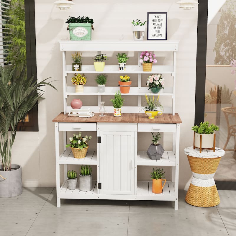 66" Large Outdoor Farmhouse Wooden Potting Bench Table - White