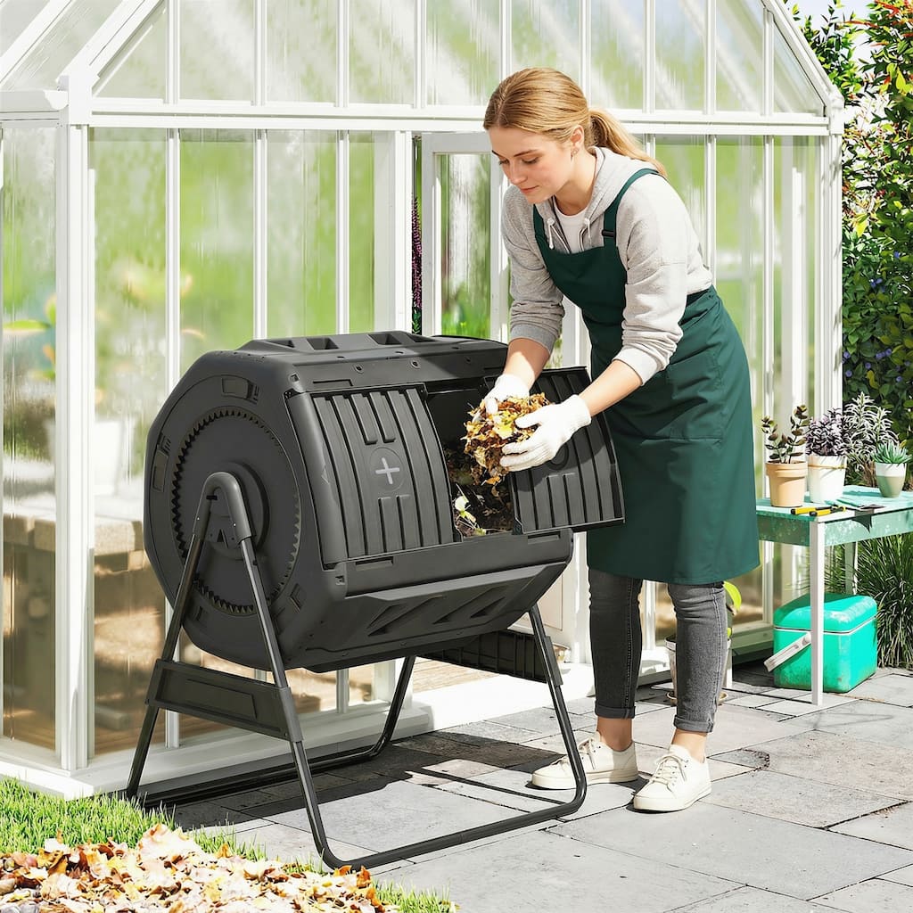 Outsunny Compost Bin Outdoor, 53 Gal Dual Chamber Compost Tumbler with 8 Adjustable Vents
